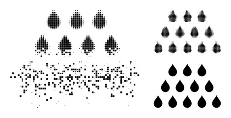 Fototapeta premium Erosion dot drops pictogram with wind effect, and halftone vector pictogram. Pixelated dispersing effect for drops reproduces speed and movement of cyberspace objects.