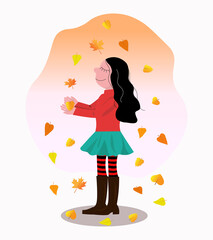 Smiling girl catches falling yellow leaves in her hands. Vector illustration of a cute cartoon character. Autumn mood concept.