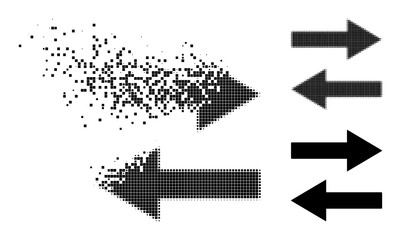 Dispersed pixelated horizontal flip arrows icon with wind effect, and halftone vector icon. Pixel dust effect for horizontal flip arrows shows speed and motion of cyberspace things.
