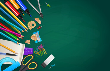 Back School Composition With Various Stationary Objects Chalk Board Background Realistic