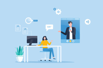 flat illustration online job interview design concept and Business team working meeting online with technology remote connection concept