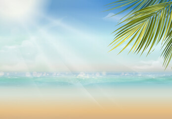 Fototapeta na wymiar Attractive Summer Resort With Palm Leaves Vast Ocean 3D Style