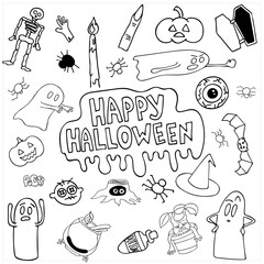 Vector halloween hand drawn set on white background. Doodle illustration