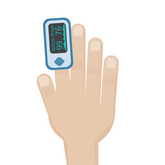Fingertip Pulse Oximeter with hand. Medical and healthcare equipment. Blood oxygen and heart rate monitor. Vector illustration.