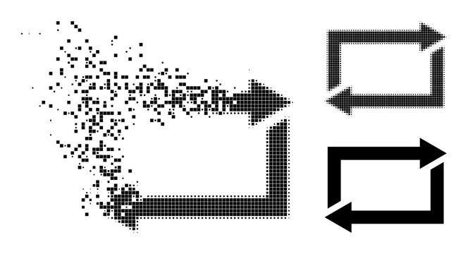 Burst pixelated exchange arrows glyph with destruction effect, and halftone vector image. Pixelated burst effect for exchange arrows shows speed and motion of cyberspace concepts.