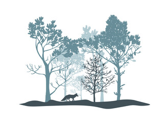 Blue and gray set of trees, fox. Silhouettes of forest and animal. Illustration isolated on white background.