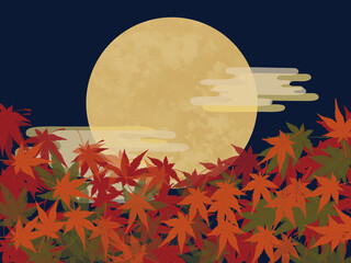 紅葉と秋の夜空に浮かぶ満月の背景ベクターイラスト