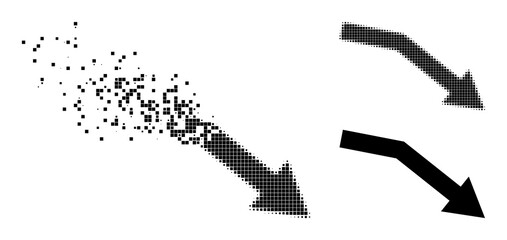 Dissolving dotted fail trend icon with destruction effect, and halftone vector pictogram. Pixelated destruction effect for fail trend reproduces speed and movement of cyberspace abstractions.