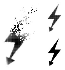 Dissolving dotted electric strike pictogram with destruction effect, and halftone vector image. Pixelated destruction effect for electric strike gives speed and movement of cyberspace concepts.