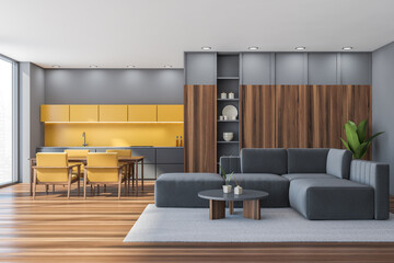 Yellow, grey panoramic studio with living room, kitchen