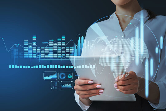 Hologram of financial bar graphs showing increase of world econo