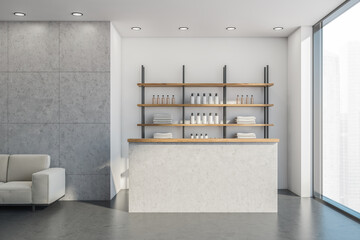 Front desk with bathware at the white wall