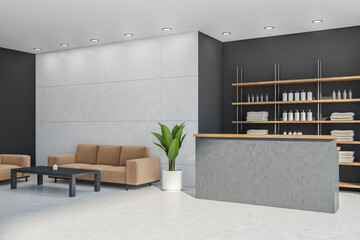 Light grey front desk with sofa in the corner