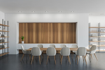 Loft with shelving units and table, white
