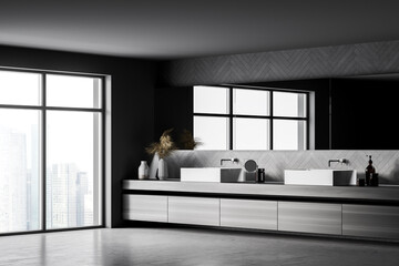 Luxury dark grey bathroom design, using geometric accent basins with vanity