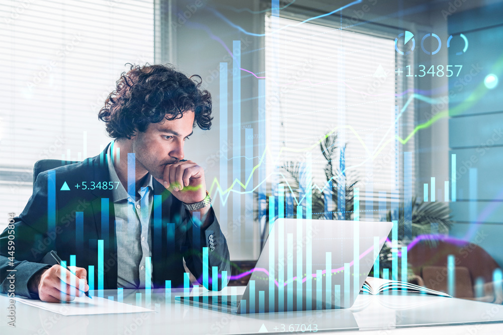 Aufkleber handsome hispanic financial trader analyzing stock graph chart and taking notes to predict the marke