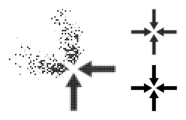 Disintegrating dot impact arrows pictogram with wind effect, and halftone vector pictogram. Pixel creation effect for impact arrows gives speed and motion of cyberspace matter.
