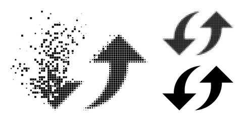 Burst dot exchange arrows icon with destruction effect, and halftone vector icon. Pixel dematerialization effect for exchange arrows reproduces speed and movement of cyberspace matter.