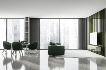 Modern Living dining Room Interior in skyscraper building, big Asian city. Luxury apartment on high floor.