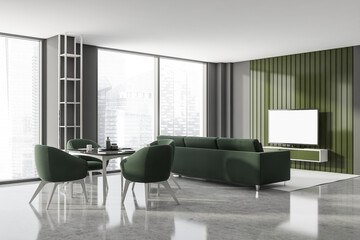 Modern Living dining Room Interior in skyscraper building, big Asian city. Luxury apartment on high floor.