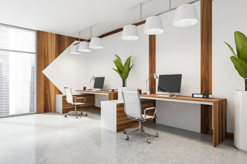 Panoramic office with two desks and bright wooden details