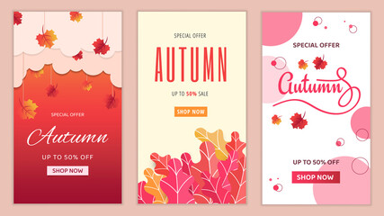 Autumn Sale Poster Set for Social Media and Stories Format. Shop Now Button. Special Offer Banner Set.