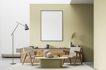 Mock up empty posters on the wall. Modern living room interior. Stone floor and stylish furniture. Concept of contemporary design.