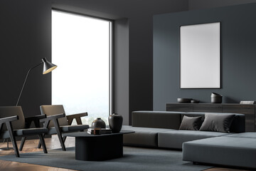 Mock up empty posters on the wall. Modern living room interior. Wooden floor and stylish furniture. Concept of contemporary design.