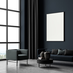 Banner in the blue panoramic living room with sofa