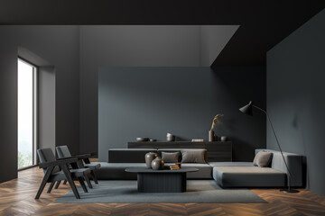 Mock up empty copy space wall. Modern living room interior. Wood oak floor and stylish furniture. Concept of contemporary design.