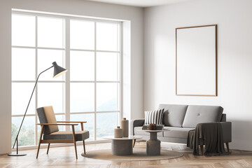 Mock up empty poster on the wall. Modern living room interior. Wooden floor and stylish furniture. Concept of contemporary design. - obrazy, fototapety, plakaty