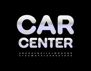 Vector metal Sign Car Center. Trendy Chrome Font. Silver Alphabet Letters and Numbers