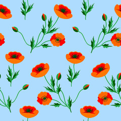 Poppies on field seamless pattern.