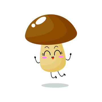 Vector illustration of mushroom character with cute expression,  funny, fungi isolated on white background, simple minimal style, vegetable for mascot collection, emoticon kawaii, happy jumping