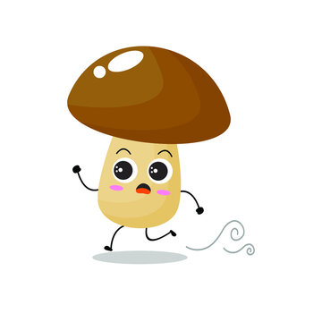Vector illustration of mushroom character with cute expression,  funny, fungi isolated on white background, simple minimal style, vegetable for mascot collection, emoticon kawaii, run, panic