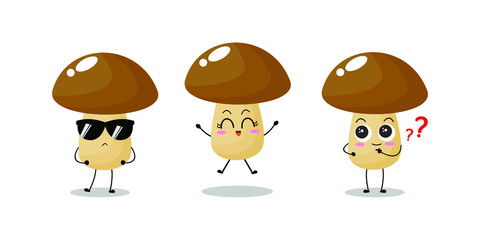 Vector illustration of mushroom character with cute expression,  funny, set of fungi isolated on white background, simple minimal style, vegetable for mascot collection, emoticon kawaii, happy © Luriart