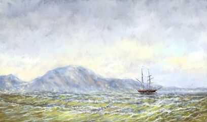 Digital paintings sea landscape, fine art, old ship on the sea