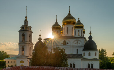 Uspensky Cathedral in Dmitrov near Moscow, Russia, with sunrays shining through