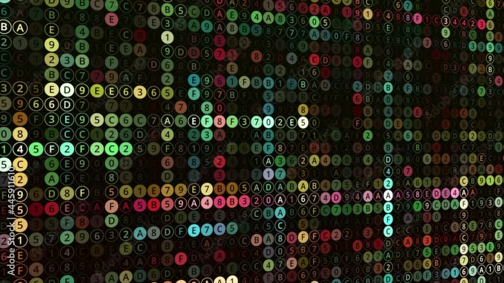 Aufkleber waving canvas of many rows of circles with digital changing big data, seamless loop. animation. colo