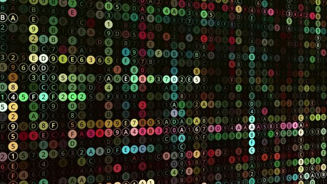 Waving canvas of many rows of circles with digital changing big data, seamless loop. Animation. Colorful mosaic texture with blinking numbers and letters.