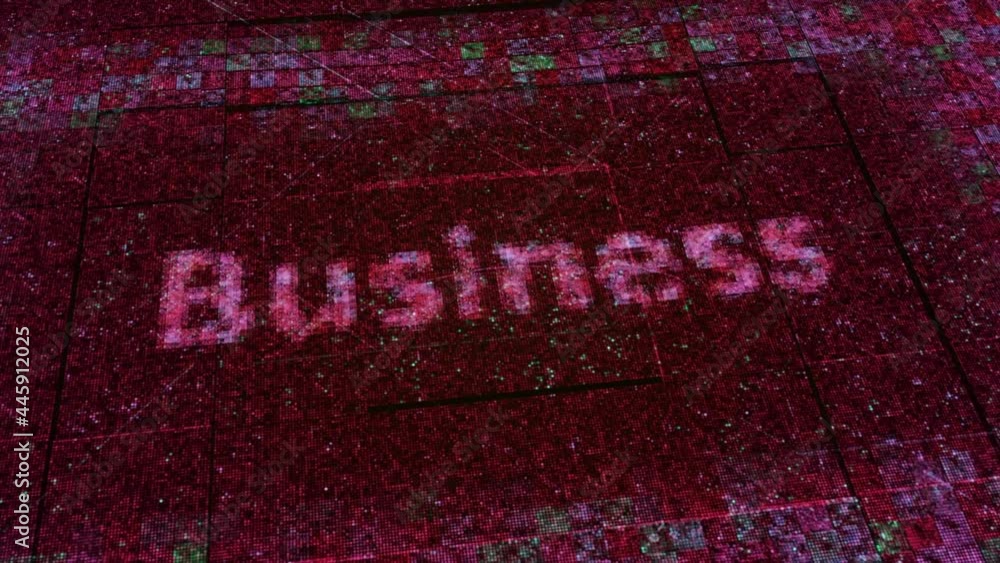 Poster a word business transformed into the cloud of pixels on the background of a circuit board. animation