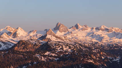 Fototapeta na wymiar Dachstein mountain range in Austria during sunrise
