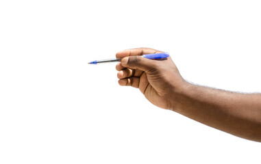 Male hand holding and writing with a pen close up view isolated on white background