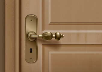 Door Knobs Handles Realistic Composition With Closeup View Door With Ornate Handle Key Hole