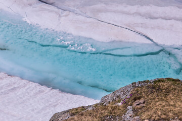Melting ice on a glacier in the mountains of Austria