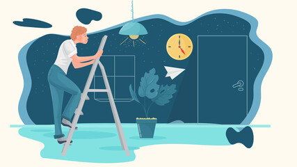 A man climbs a ladder ladder in a room illustration in a flat style for design design