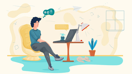 A man in a room is sitting in a chair and communicating on the Internet on a laptop illustration in a flat style for design design