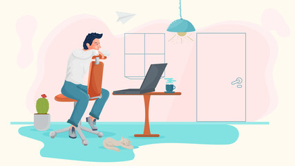 A man in the room is sitting on a chair leaning on the back and looking at a laptop illustration in a flat style for design design