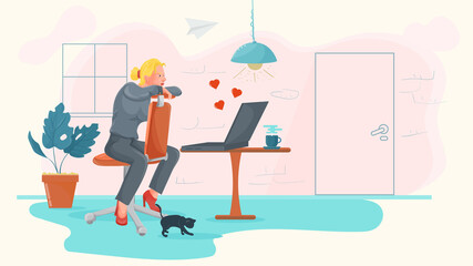 A woman in the room is sitting on a chair leaning on the back and looking at a laptop illustration in a flat style for design design