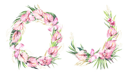 Watercolor summer invitations frames with hand painted tropical dried palm leaves, branches of green leaves. Romantic floral bouquet perfect for wedding greeting cards, invitation and more. High